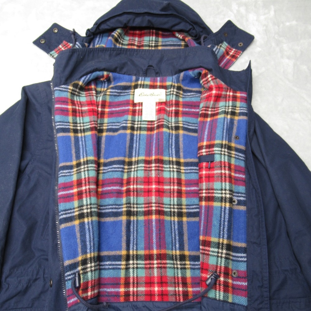 Eddie Bauer Wool Jacket Women Medium Blue Canvas Pocket Flannel Lined Hood Parka